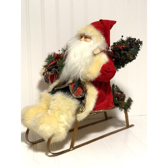 Vintage Santa with His Fur Rimmed Coat Hat And Fur Boots in Sleigh 15” - Picture 1 of 8